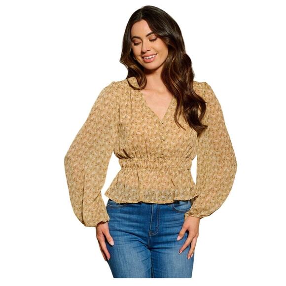 Just In! Women's Long Sleeve V-Neck Peplum Floral Blouse Top Taupe Buttons - Picture 1 of 4